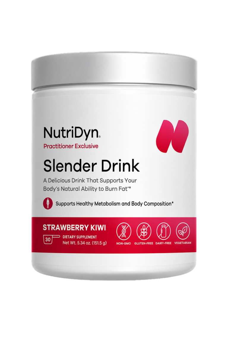 Nutridyn Slender Drink strawberry kiwi powder tub, front label