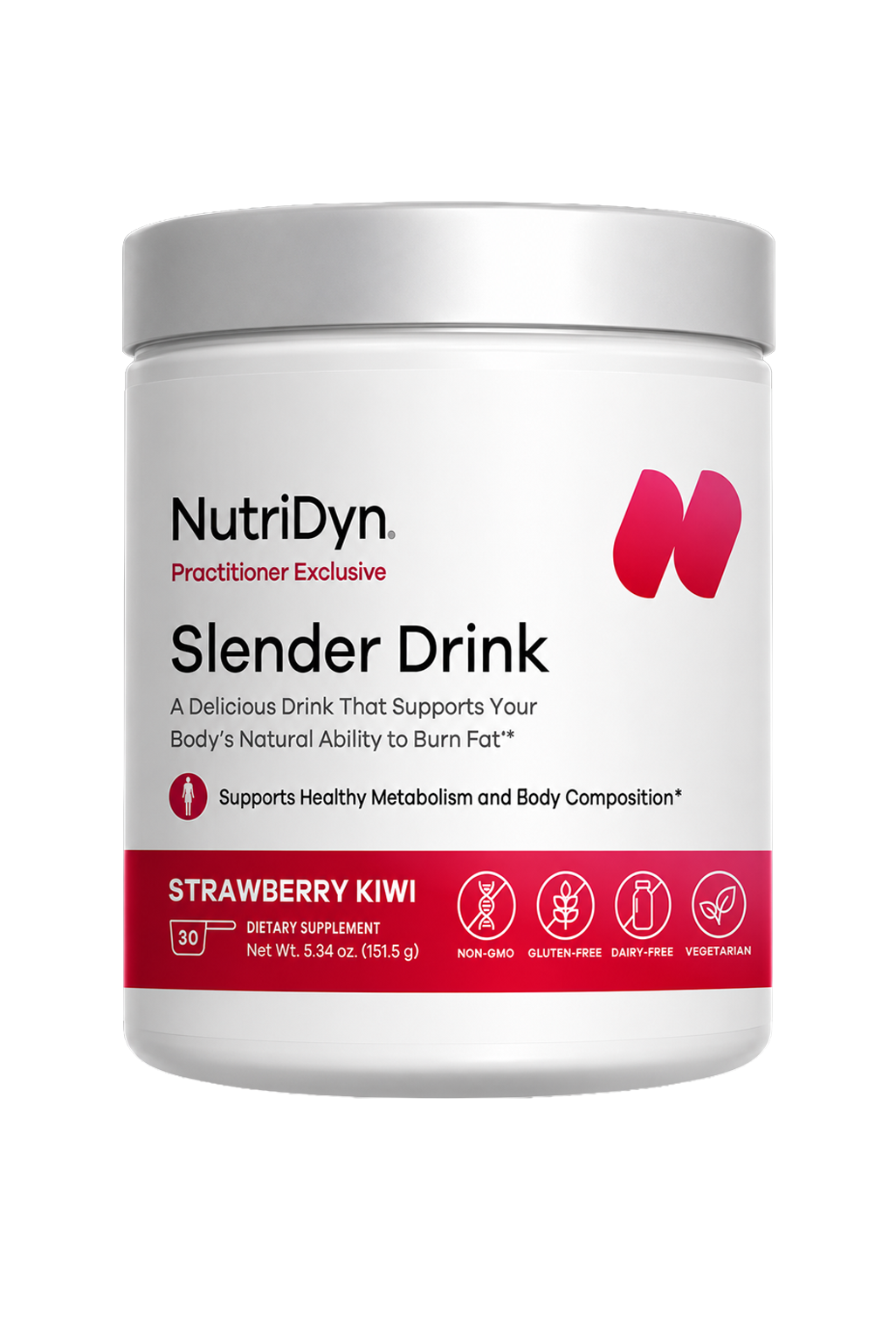 Nutridyn Slender Drink strawberry kiwi powder tub, front label