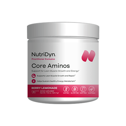 Nutridyn Core Aminos berry lemonade powder canister, front label