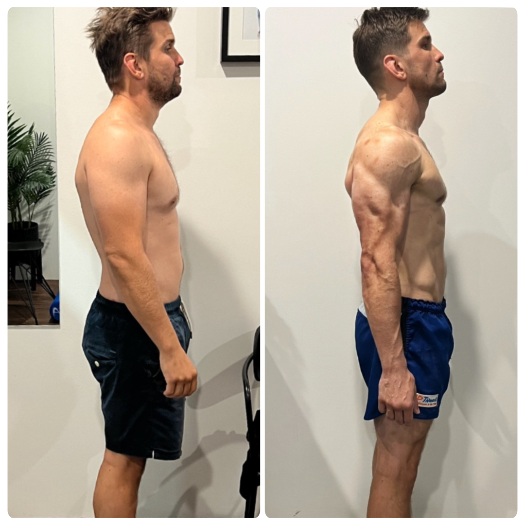 Josh before and after transformation, side view