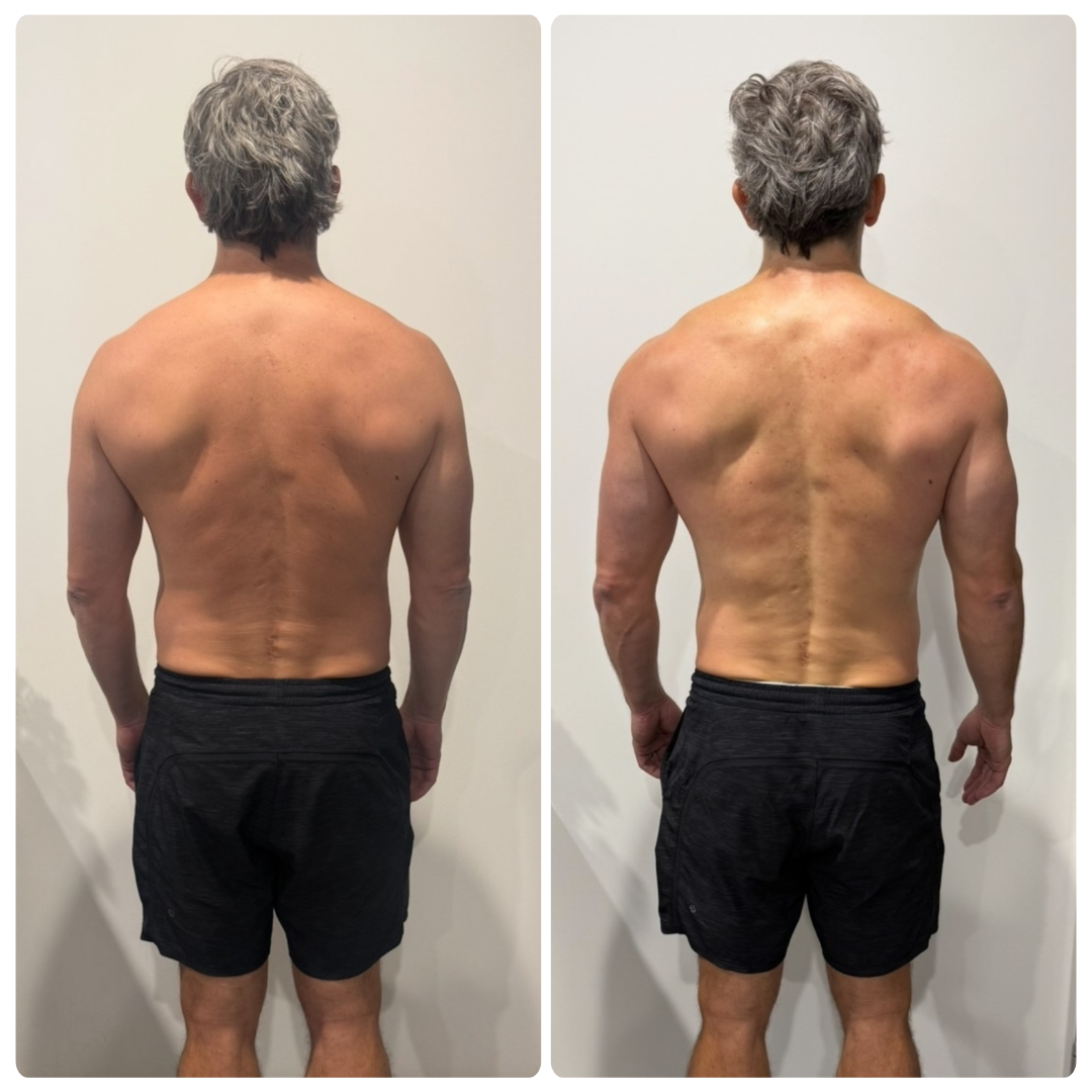 Tom before and after transformation, back view