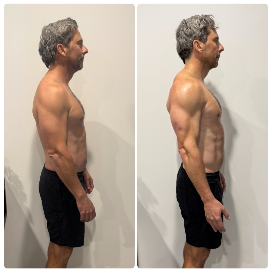Tom before and after transformation, side view